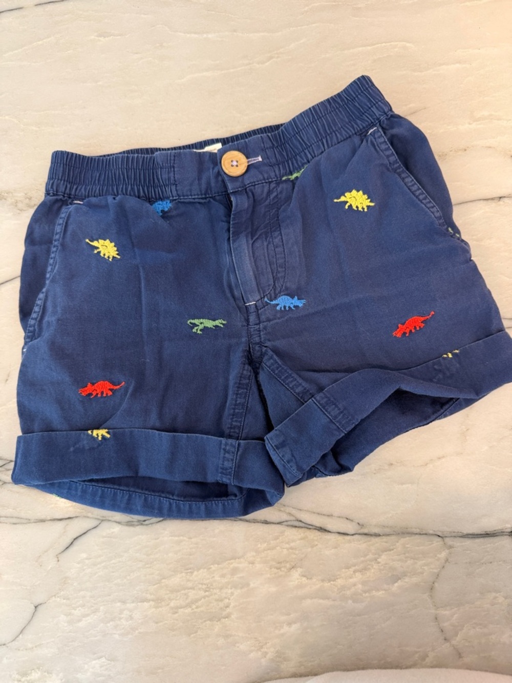 Mini Boden Navy Shorts with Multicolor Dino Embroidery